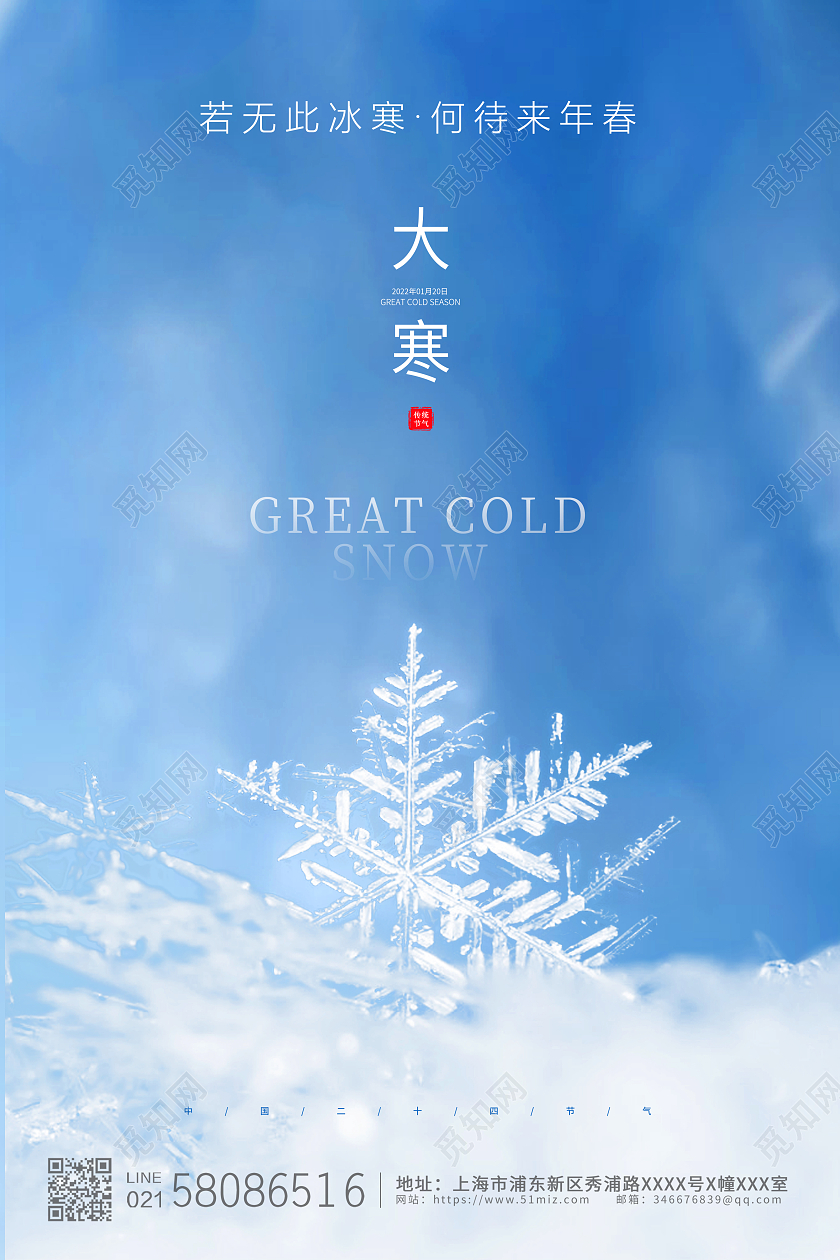 蓝色简约大气雪花二十四节气大寒宣传海报大寒海报