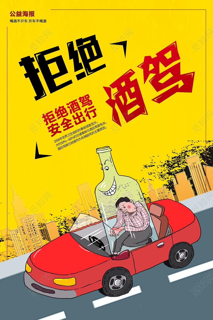 黄色简约拒绝酒驾平安出行海报
