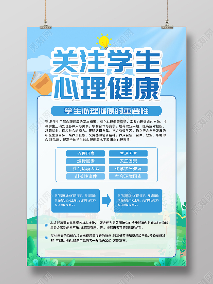 蓝色卡通关注学生心理健康学生心理健康的重要性海报