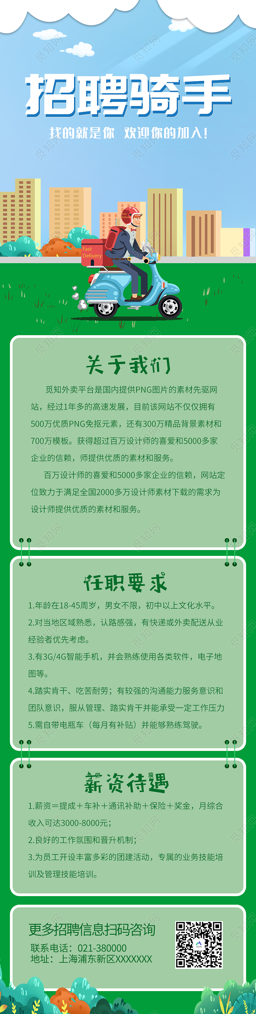 绿色简约风招聘骑手欢迎你的加入手机长图H5