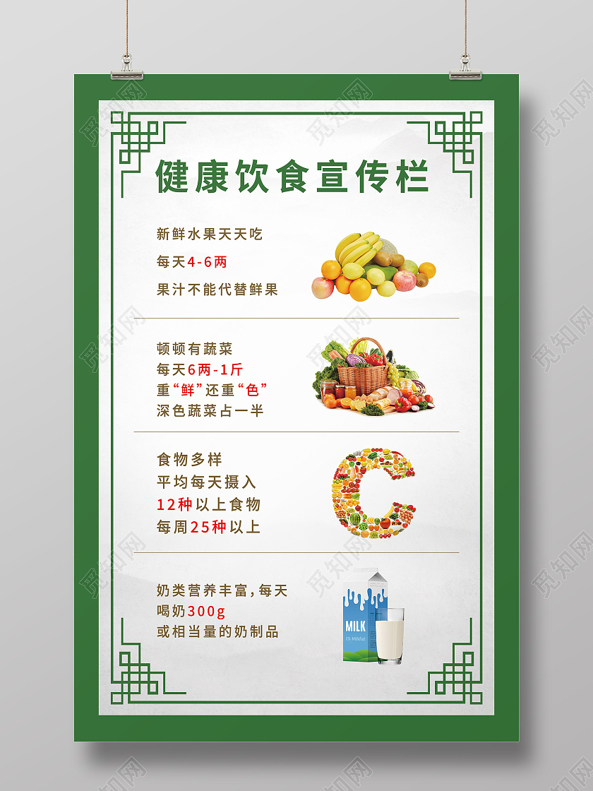 绿色中式新鲜水果蔬菜健康饮食宣传海报