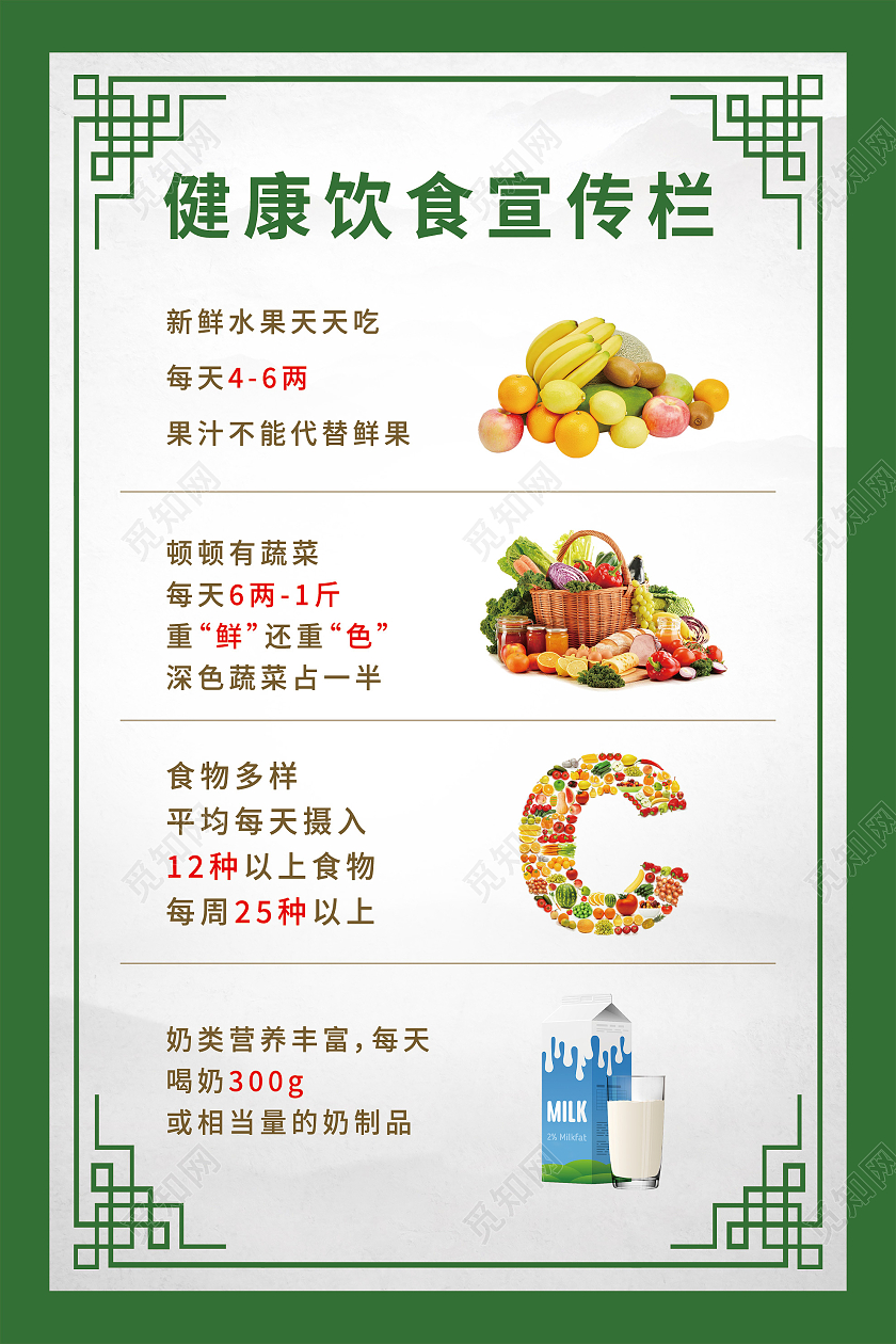 绿色中式新鲜水果蔬菜健康饮食宣传海报