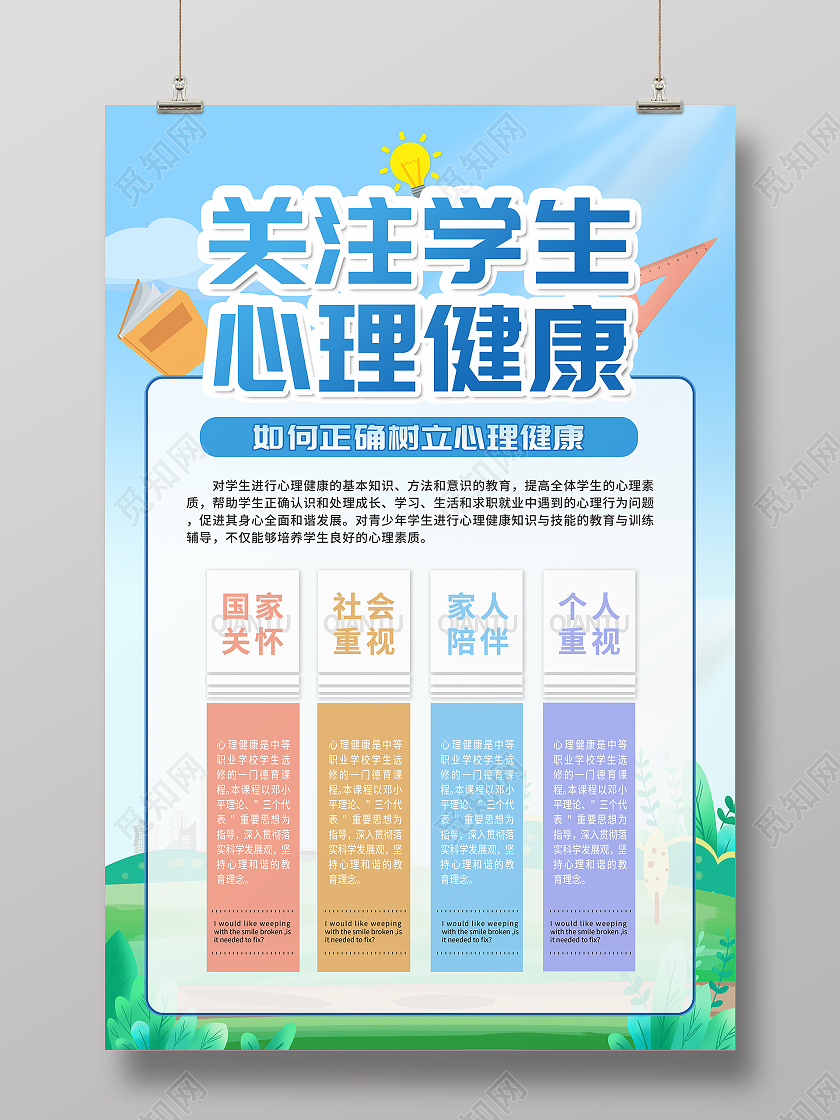 蓝色卡通关注学生心理健康如何正确树立心理健康海报