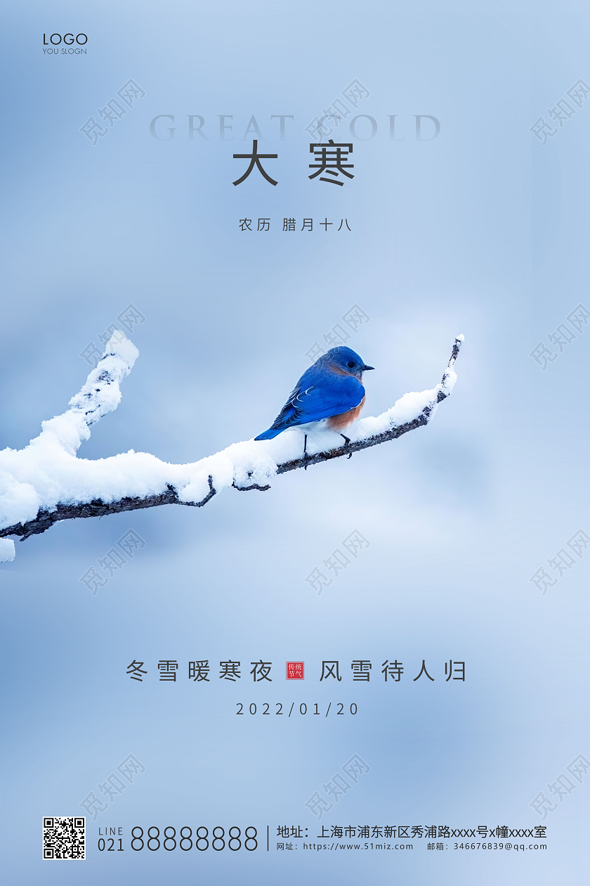 蓝色简约二十四节气大寒海报大寒海报