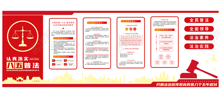 红色矢量简约板块天平法律八五普法文化墙