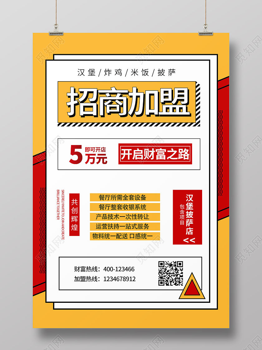 黄色孟菲斯招商加盟餐饮招商海报宣传海报