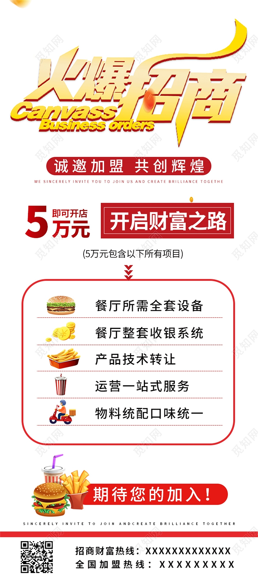 白色简约风火爆招商餐饮招商展架宣传展架