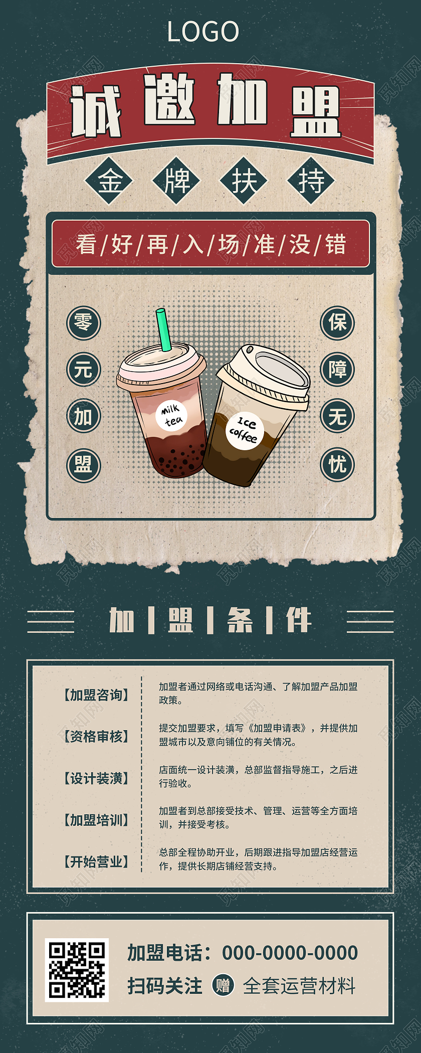 绿色复古诚邀加盟奶茶活动UI手机长图餐饮招商手机长图