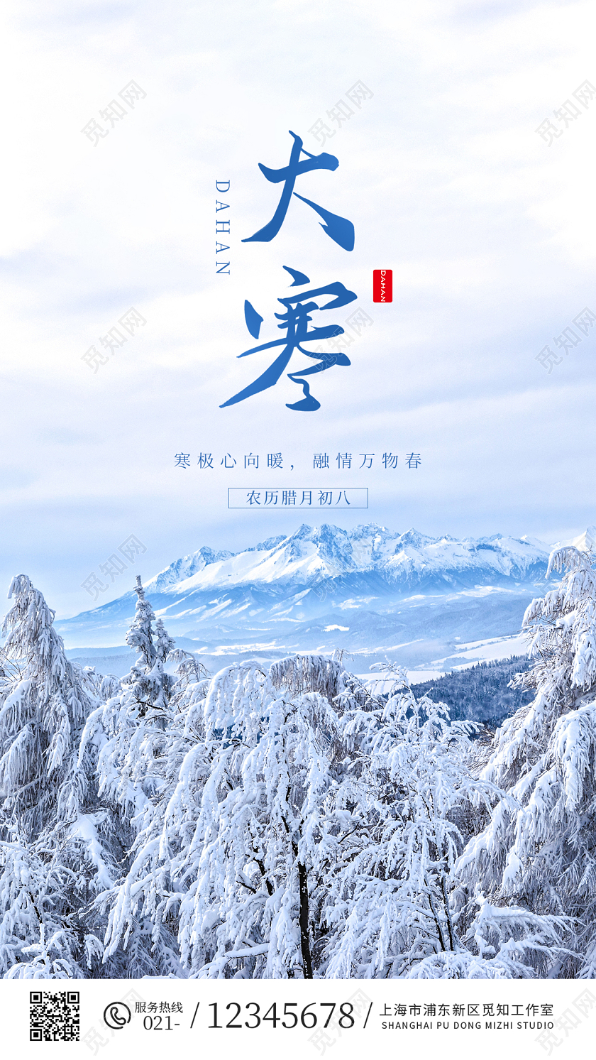 蓝色写实风大寒节气ui手机海报大寒海报