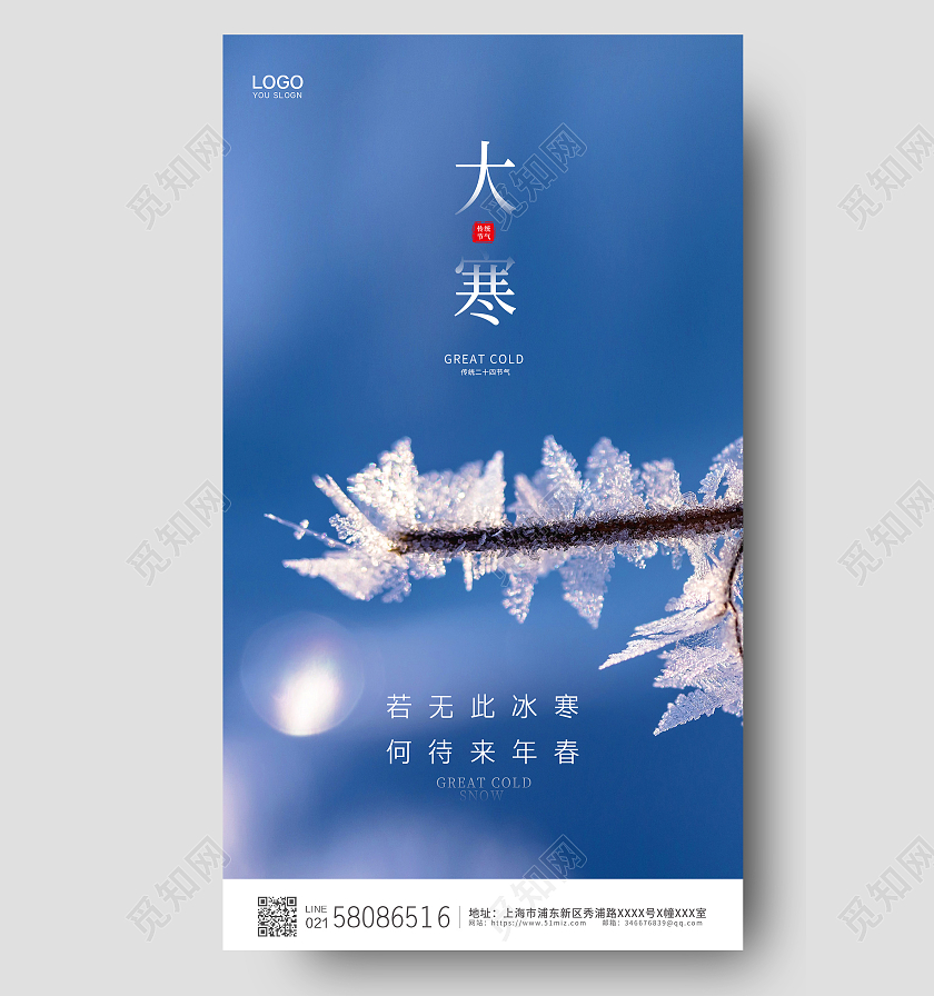 蓝色简约大气实拍冰霜二十四节气大寒ui手机宣传海报大寒海报
