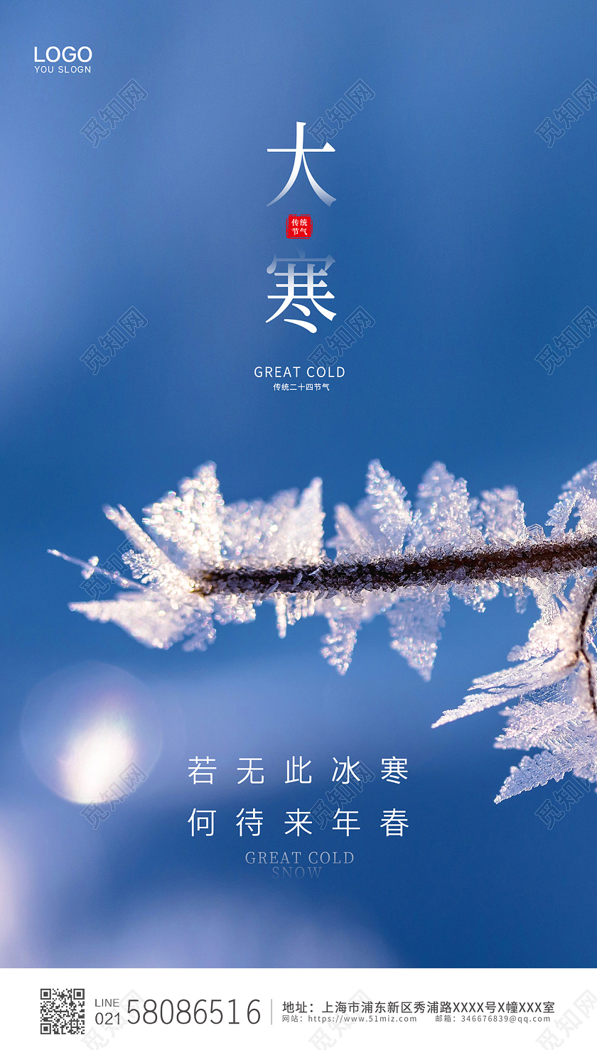 蓝色简约大气实拍冰霜二十四节气大寒ui手机宣传海报大寒海报