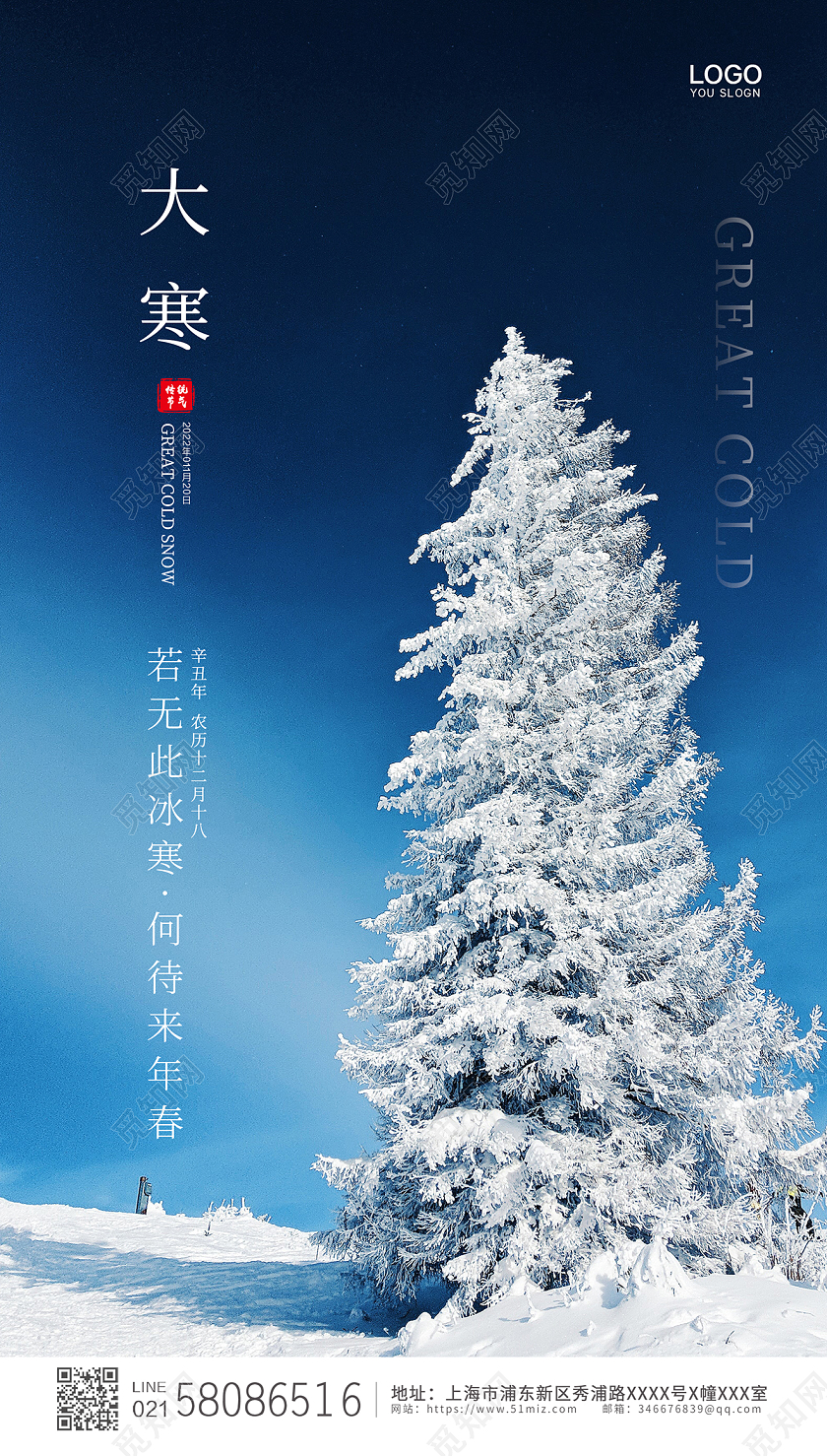 蓝色简约大气雪景实拍二十四节气大寒ui手机宣传海报大寒海报