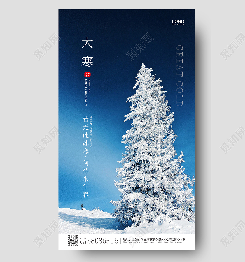 蓝色简约大气雪景实拍二十四节气大寒ui手机宣传海报大寒海报
