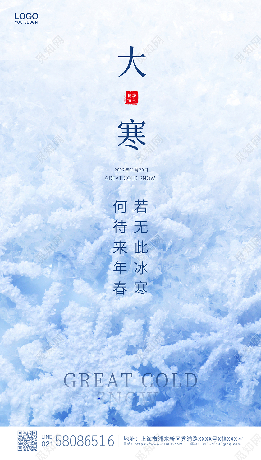 蓝色简约大气雪花实拍二十四节气传统节气大寒ui手机宣传海报大寒海报