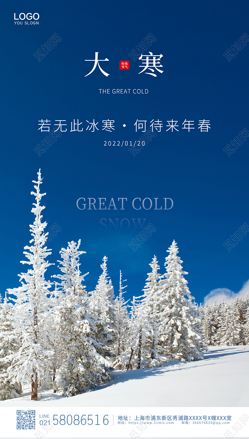 蓝色简约大气雪景实拍中国传统24节气大寒ui手机宣传海报大寒海报