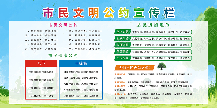 蓝色清新简约市民公约展板市民文明公约