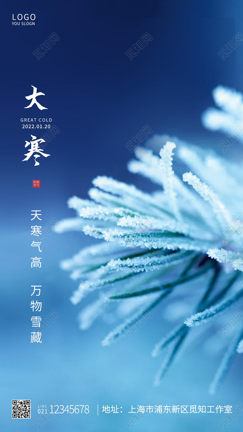 蓝色简约二十四节气大寒大寒手机UI海报设计大寒海报