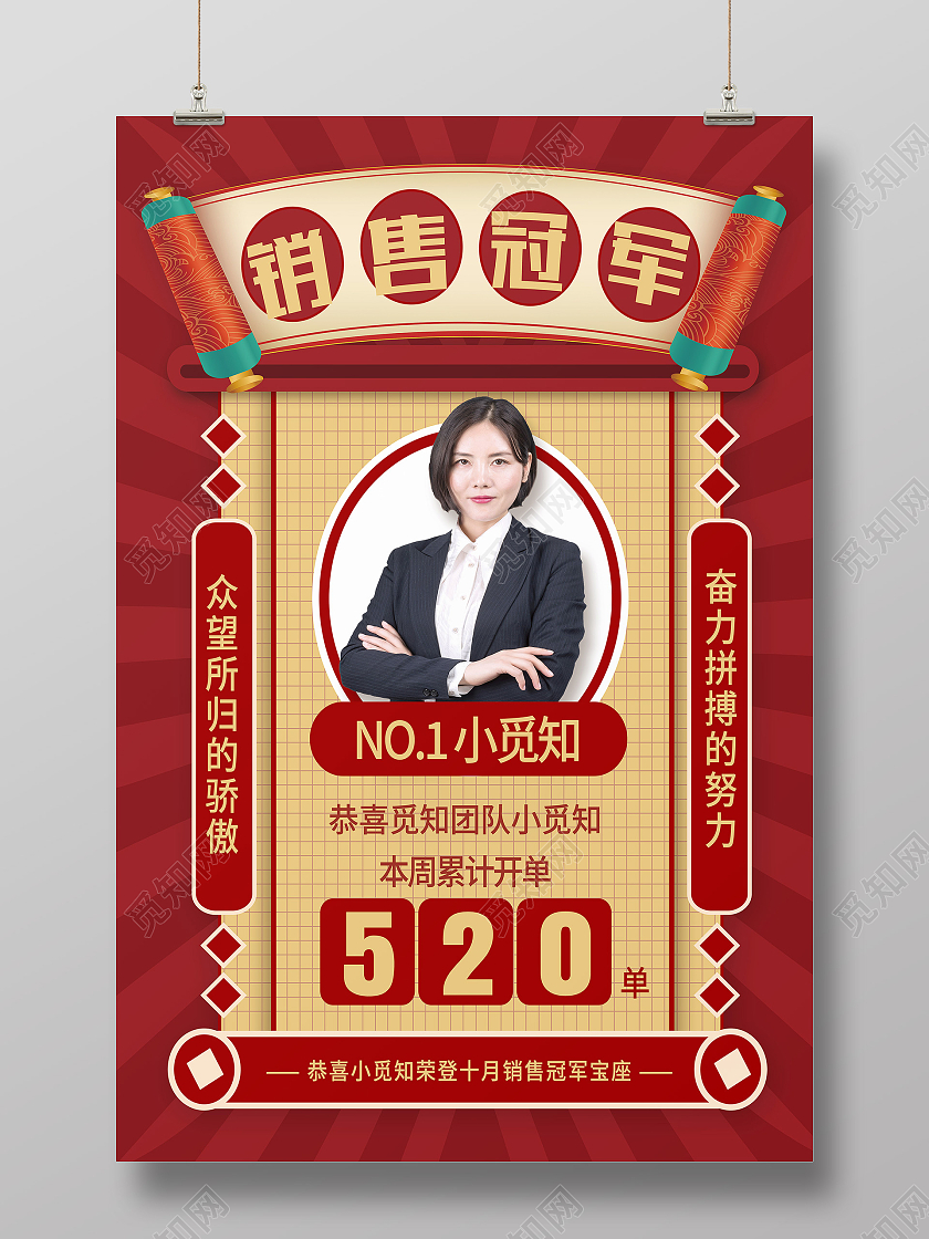 红色简约销售冠军销冠销售冠军海报