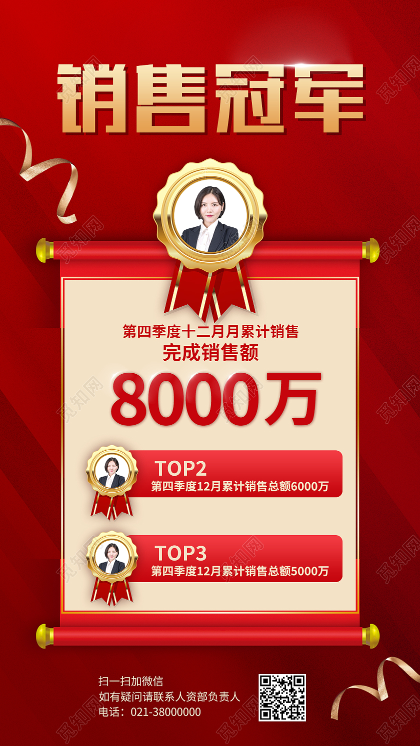 红色简约销冠销售冠军勋章手机海报销售冠军海报