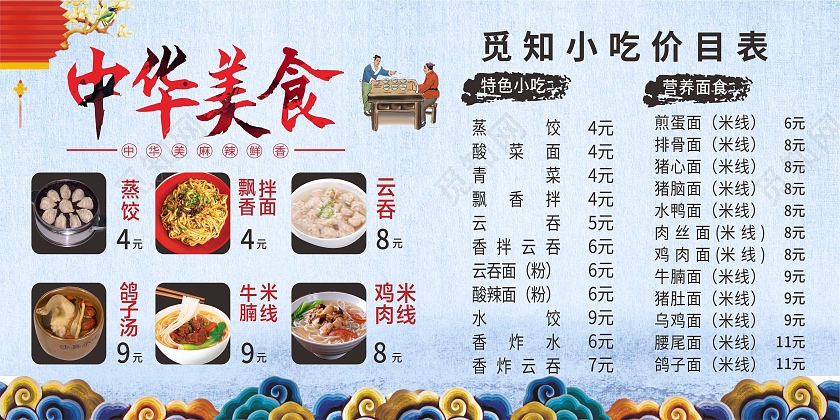 蓝色中国风美食小吃价格表价目单展板背景餐饮美食沙县小吃
