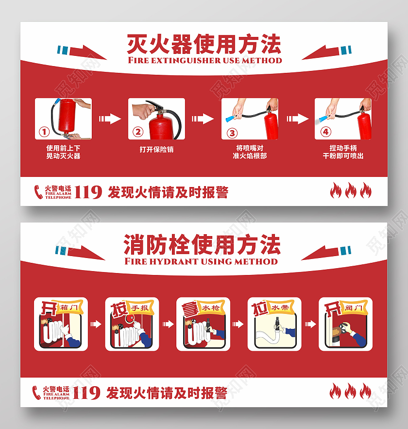 红色灭火器消防栓使用方法及步骤公司企业消防安全用图消防栓灭火器使用方法