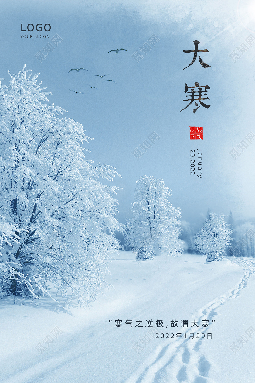 蓝色背景简约风格大寒节气海报大寒海报