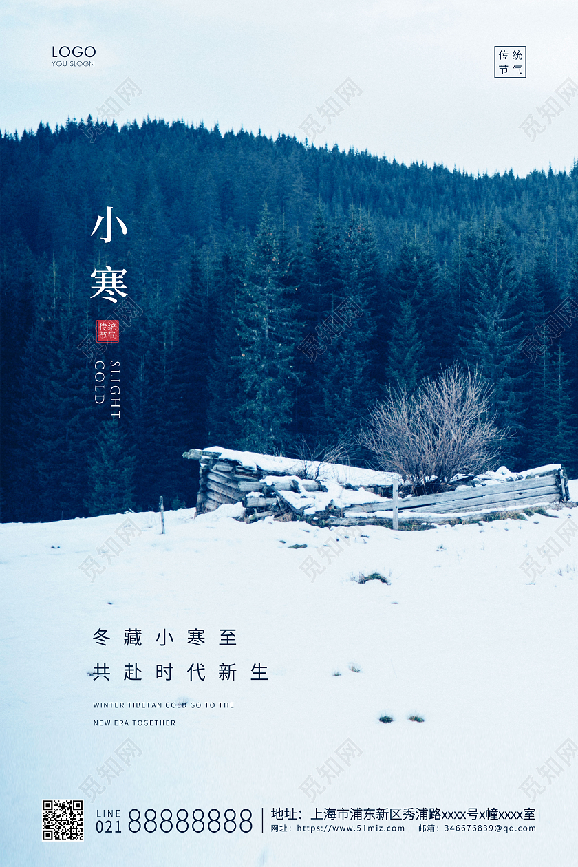 蓝色简约二十四节气小寒海报小寒海报