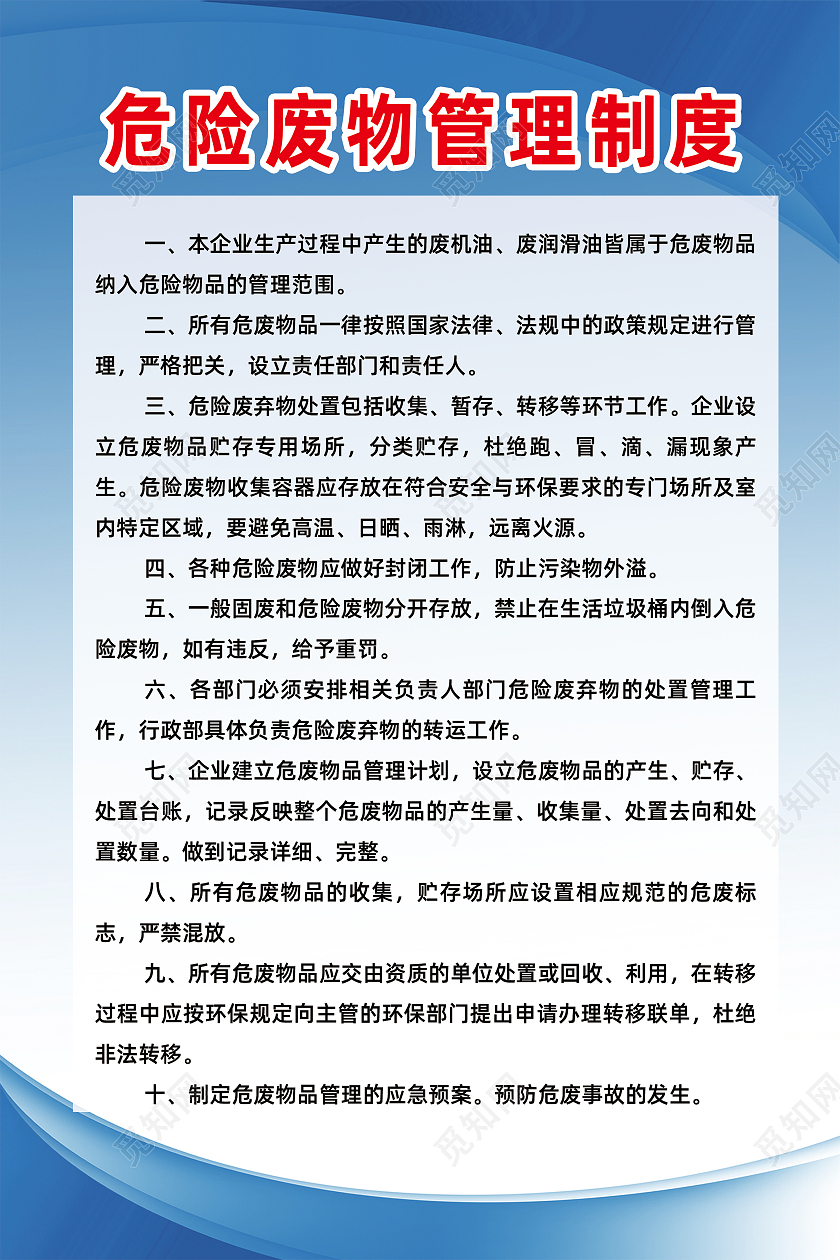 蓝色简约危险废物管理制度工厂制度海报