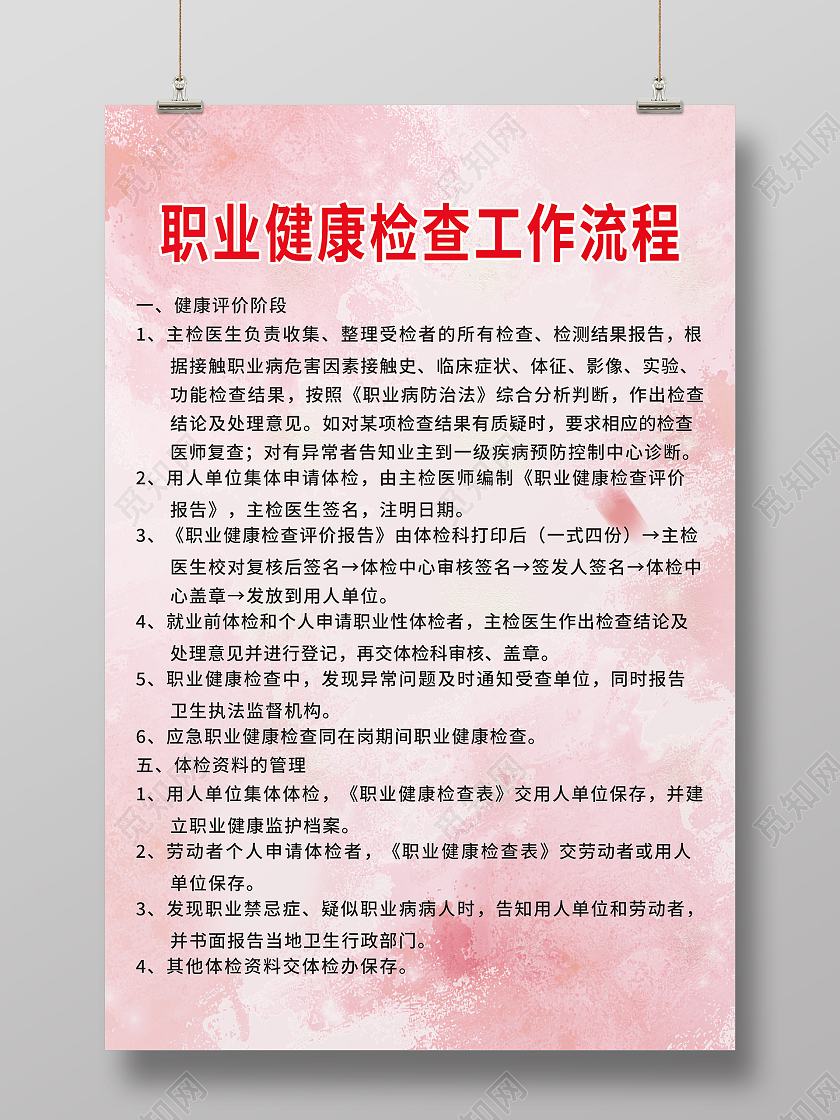 粉色温馨职业健康检查工作流程宣传海报