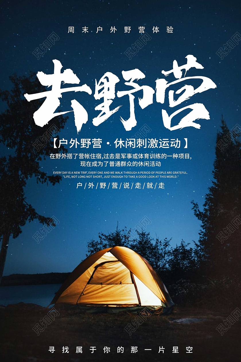 蓝色意境去野营户外运动宣传活动海报户外野营