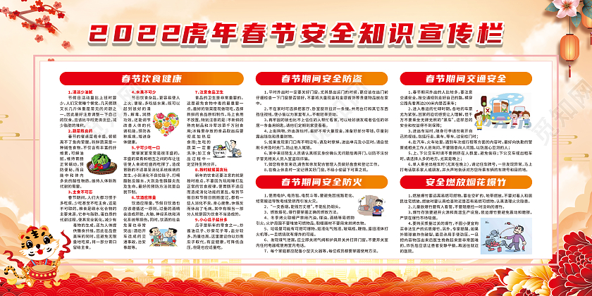 红色卡通2022虎年春节安全知识宣传栏春节宣传栏