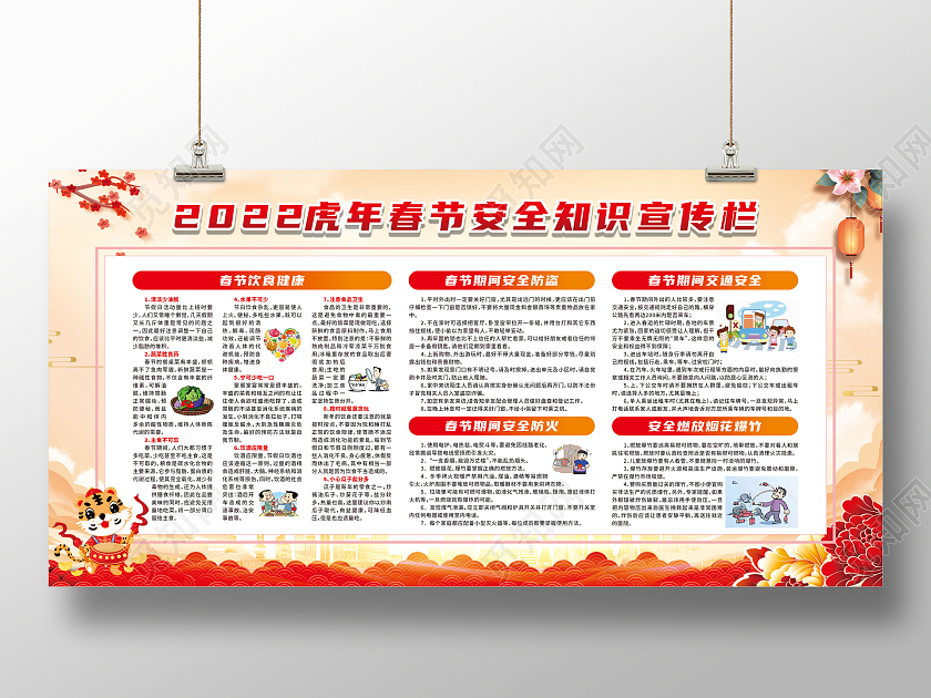 红色卡通2022虎年春节安全知识宣传栏春节宣传栏