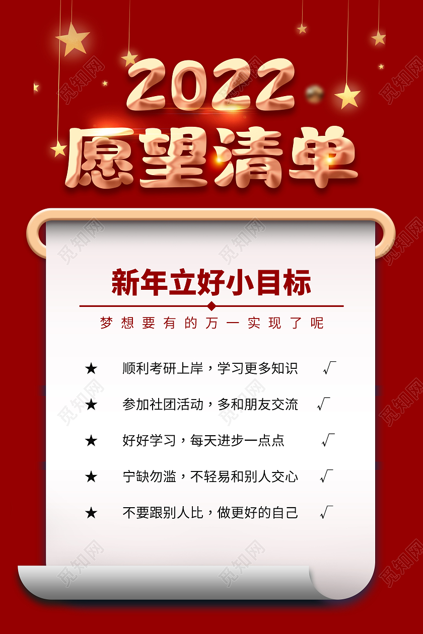 红色卡通2022愿望清单新年愿望海报