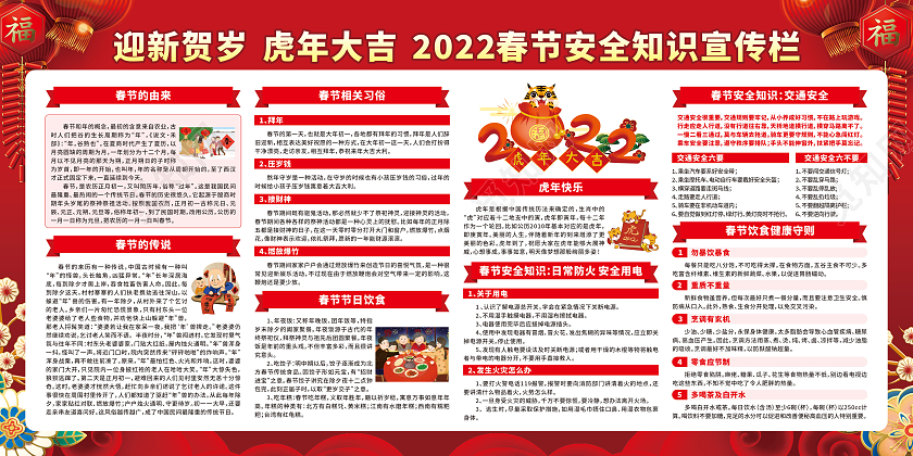 红色卡通迎新贺岁虎年大吉2022春节安全知识宣传栏春节宣传栏