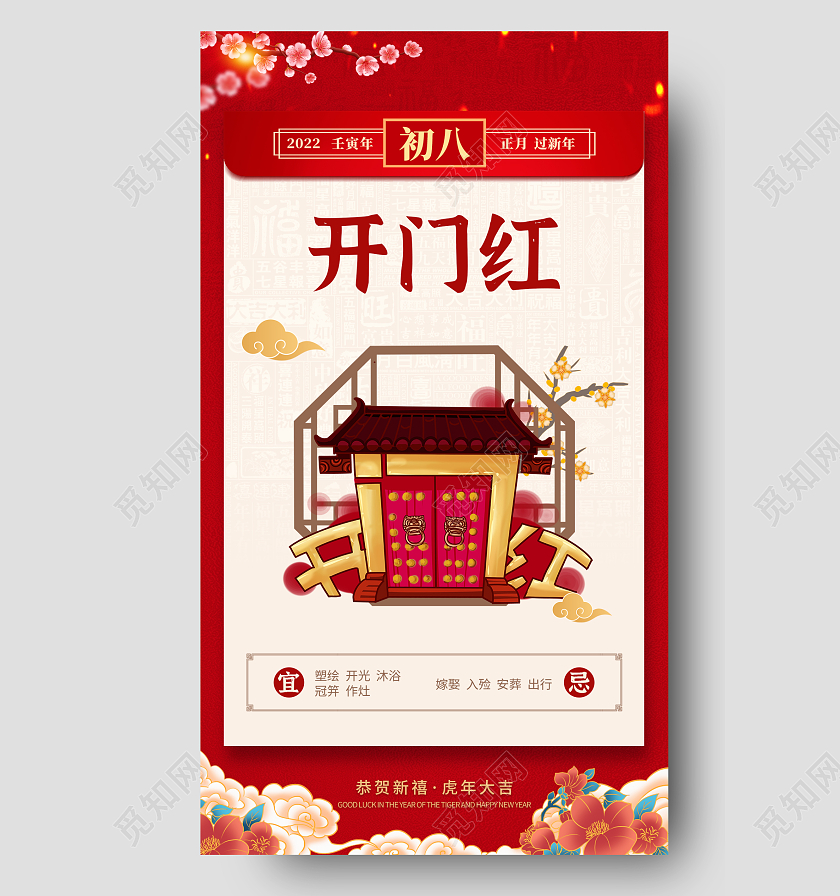 红色简约初八开门红初一至初八春节习俗手机宣传海报
