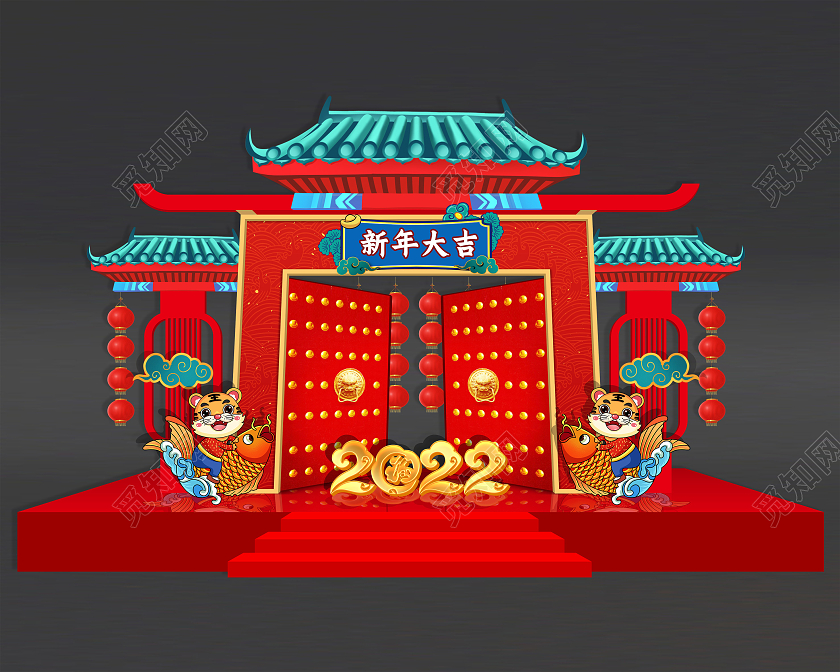 红色中国风喜庆大气国潮新年大吉2022春节美陈