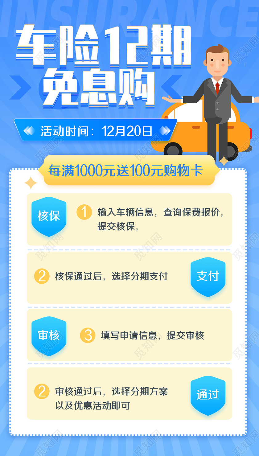 蓝色商务手绘车险12期免息购金融保险手机海报UI