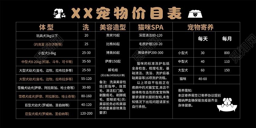 黑色简约宠物寄养宠物店价目表宣传展板宠物店价格表