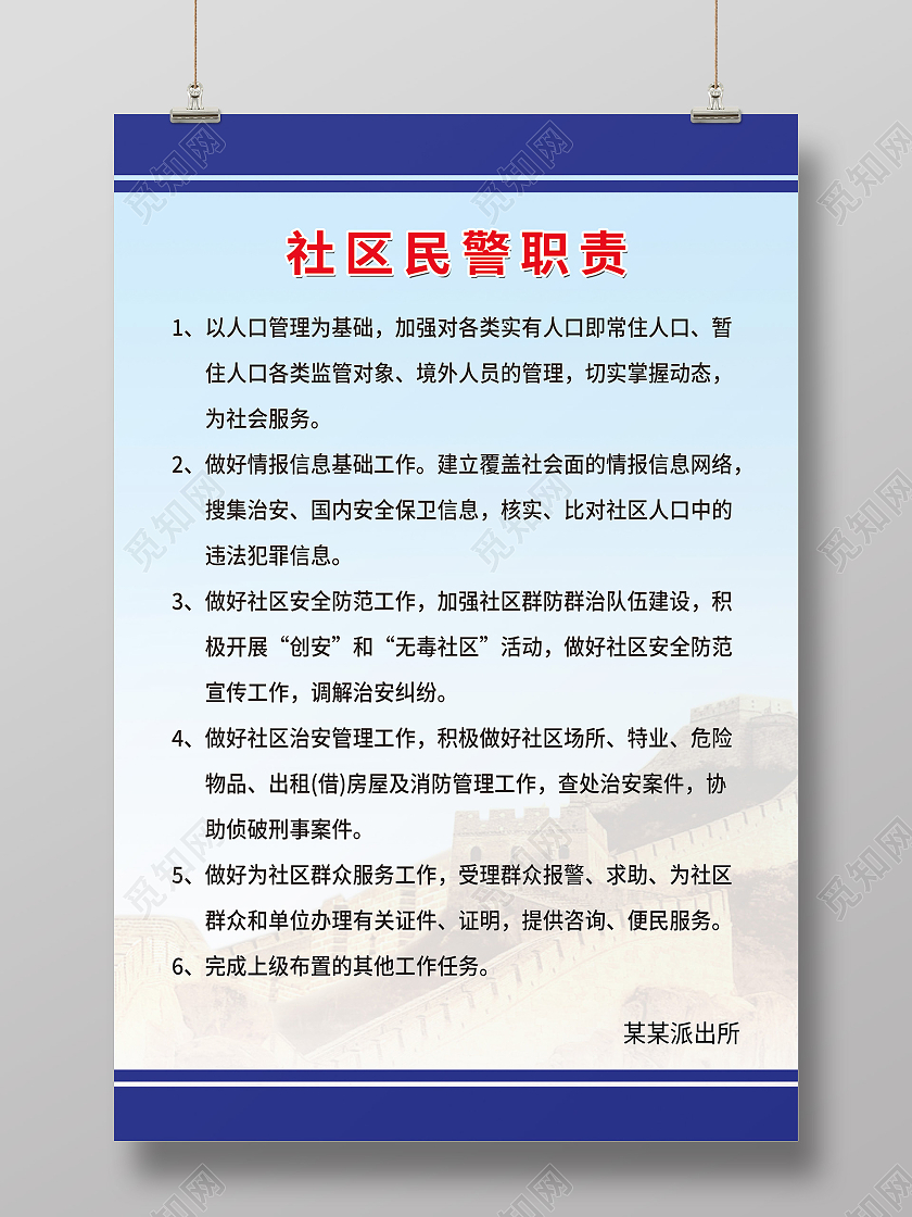 蓝色简约社区民警职责海报警务室
