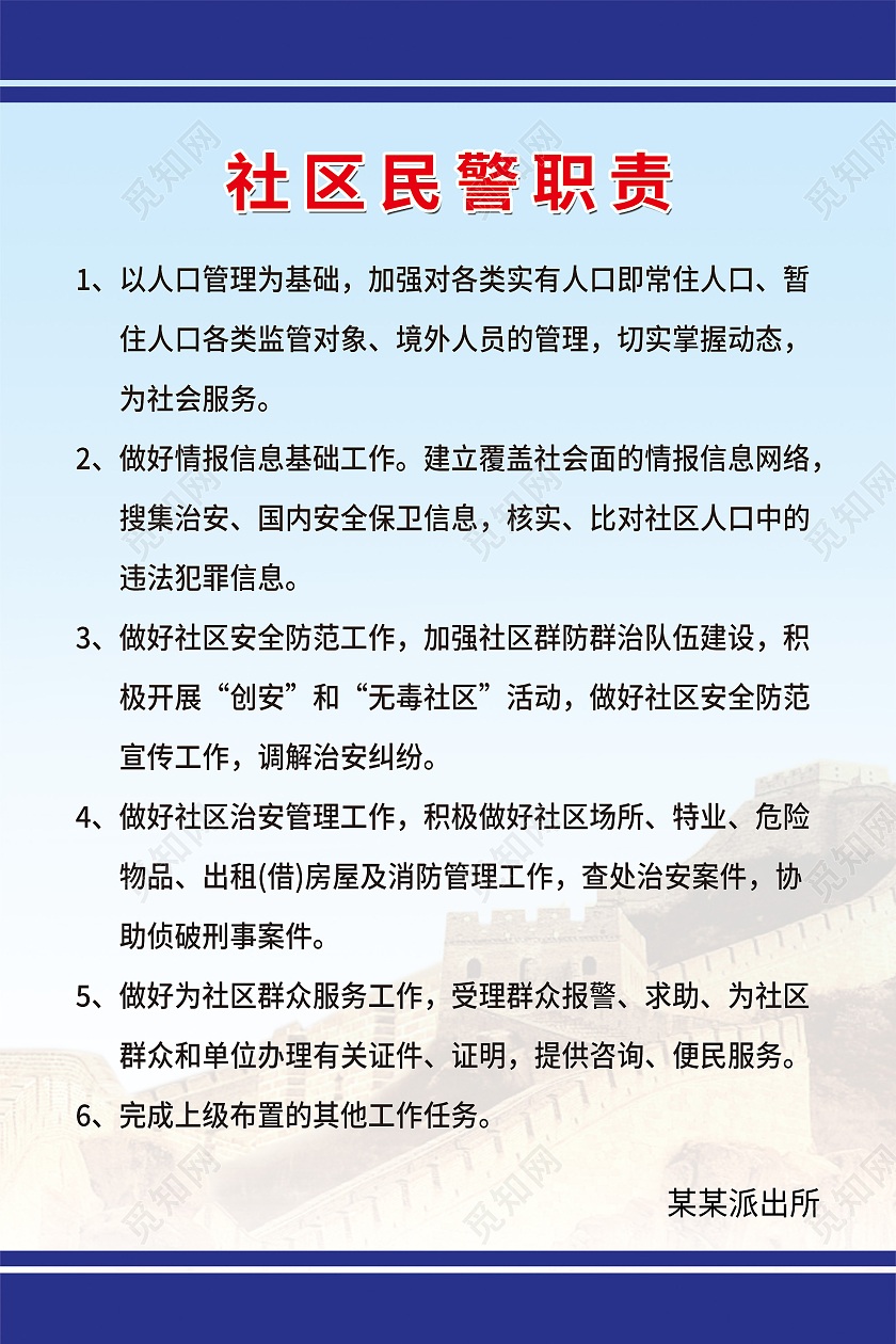 蓝色简约社区民警职责海报警务室