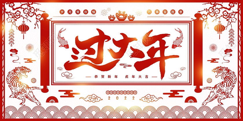 红色喜庆剪纸2022新年过大年节日展板过年啦