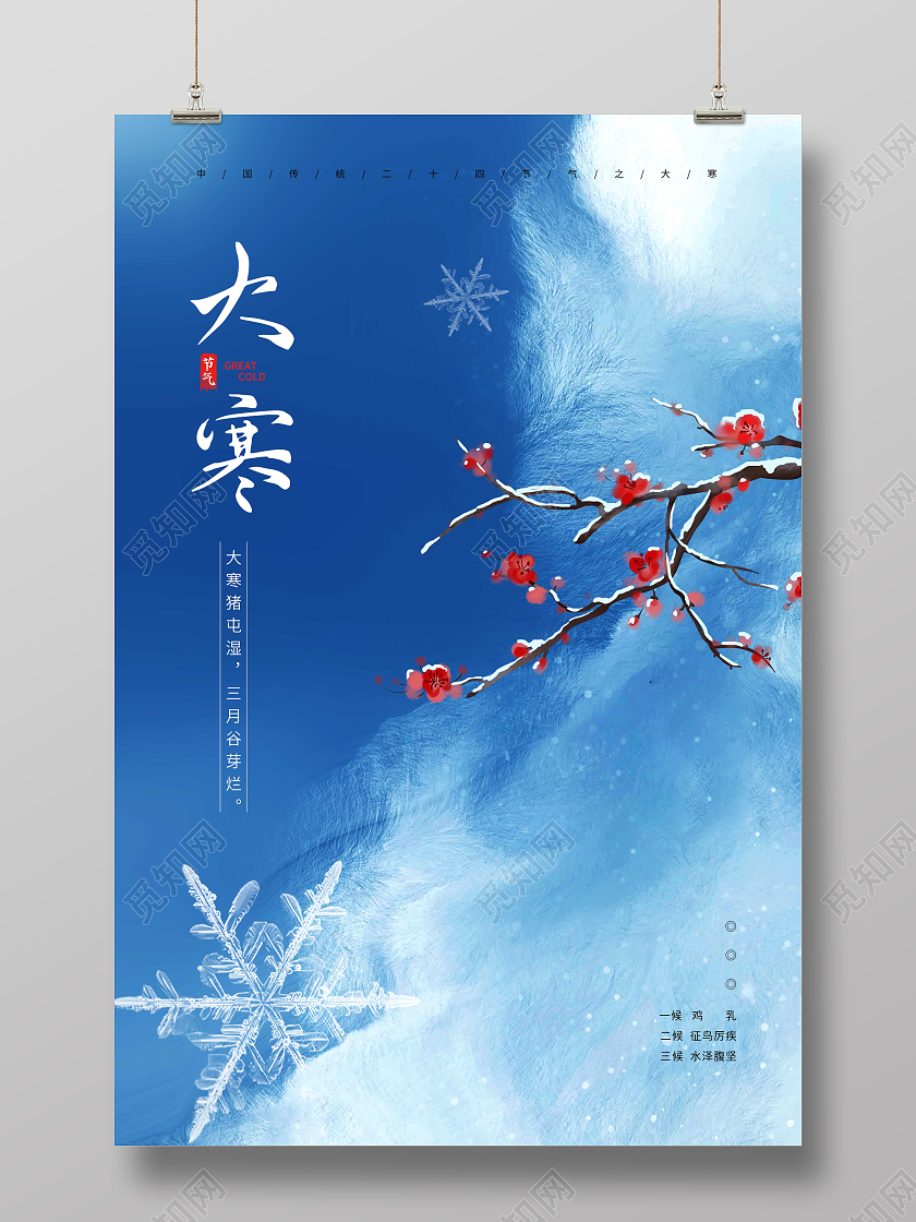 蓝色卡通大气大寒传统节气宣传海报大寒海报