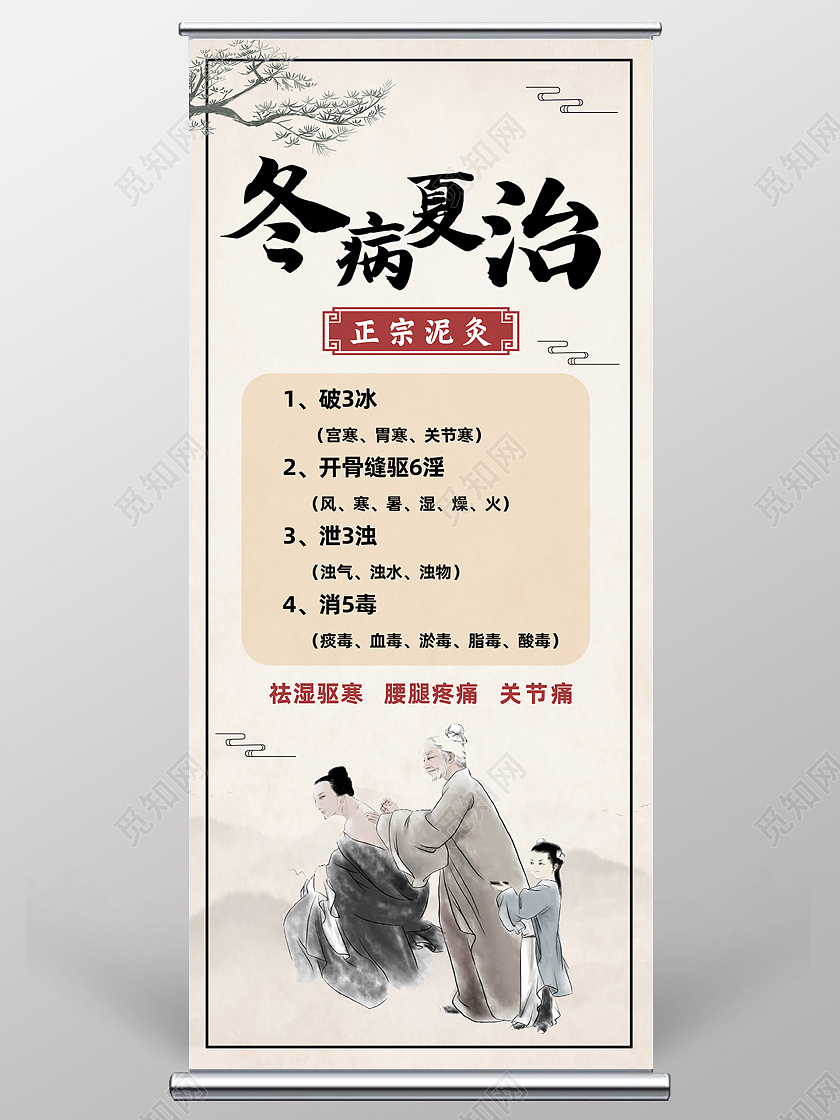 白色古风冬病夏治正宗泥灸泥灸展架易拉宝