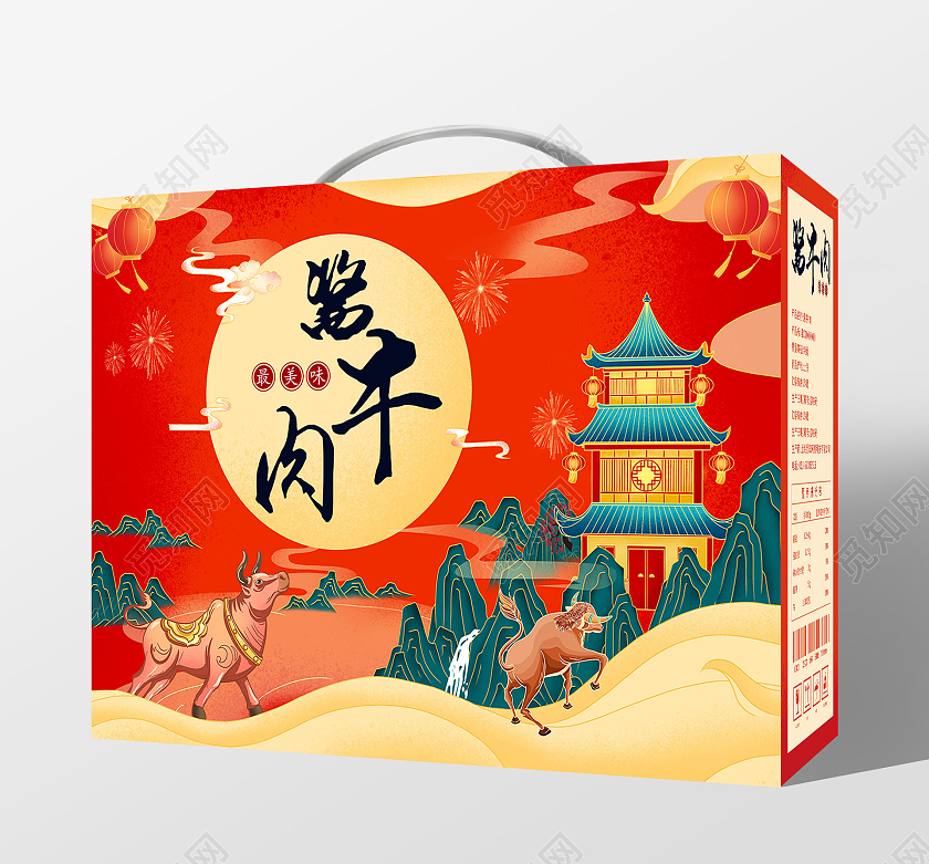 红色国潮插画大气酱牛肉手提盒牛肉包装