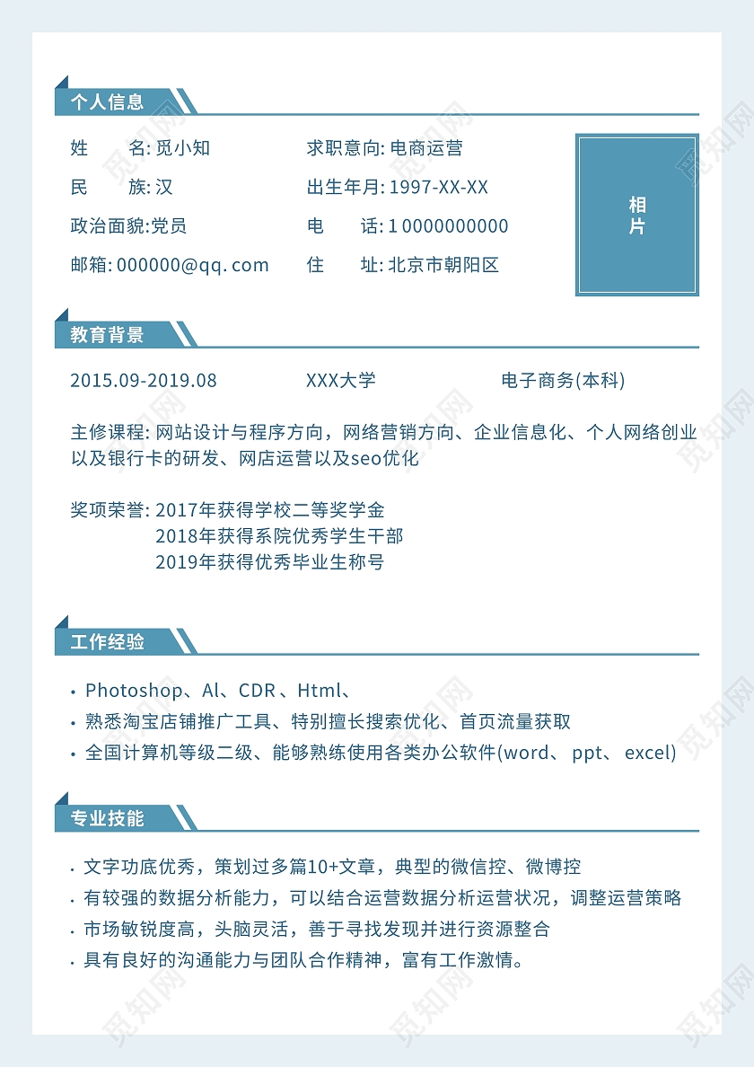 浅蓝色水彩水墨中国风个人简历简历封面