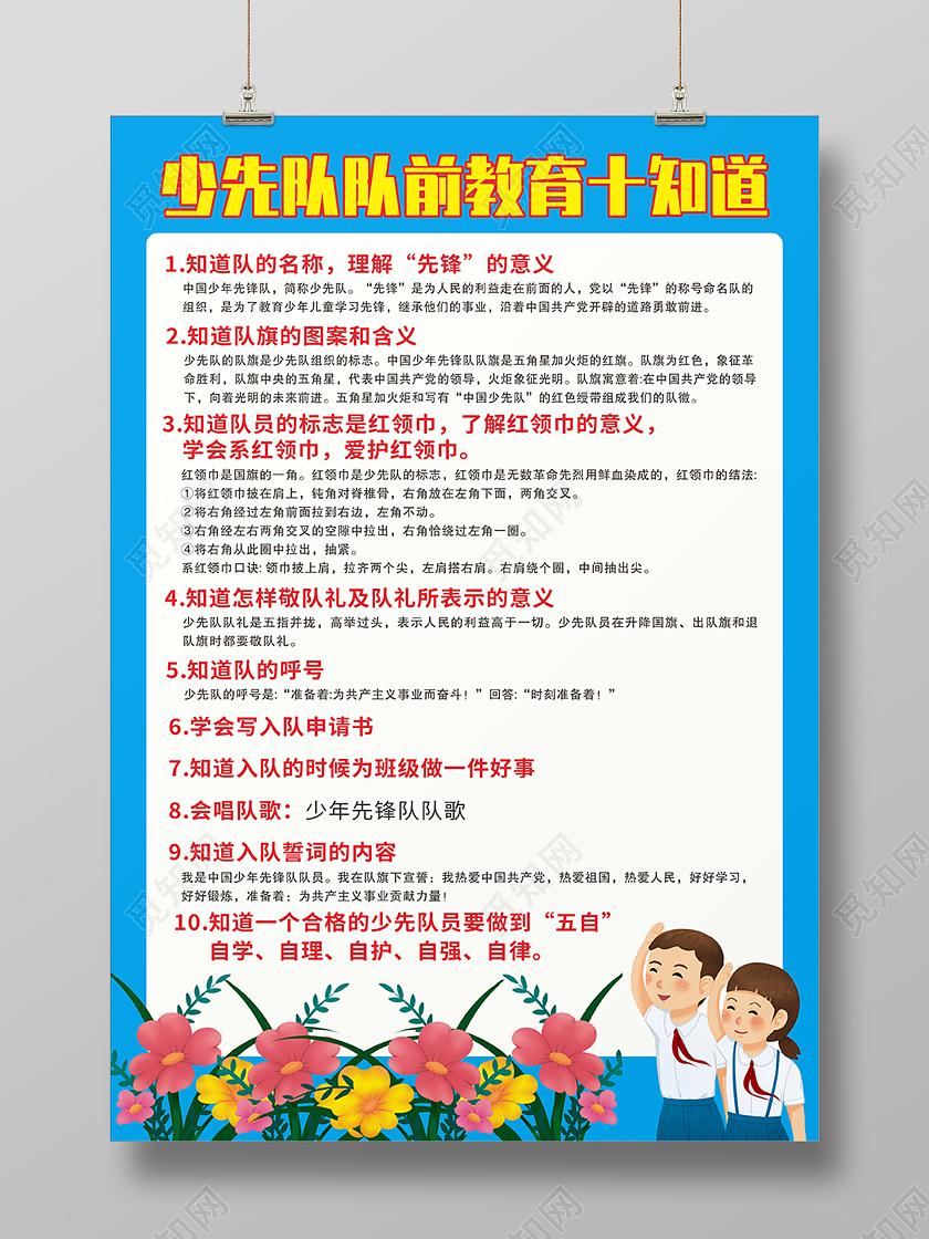 蓝色简约少先队对前教育十知道海报背景少先队十知道展板
