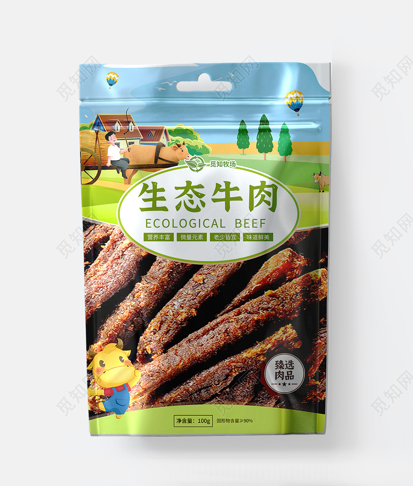 绿色简约大气插画卡通生态牛肉牛肉干包装牛肉包装