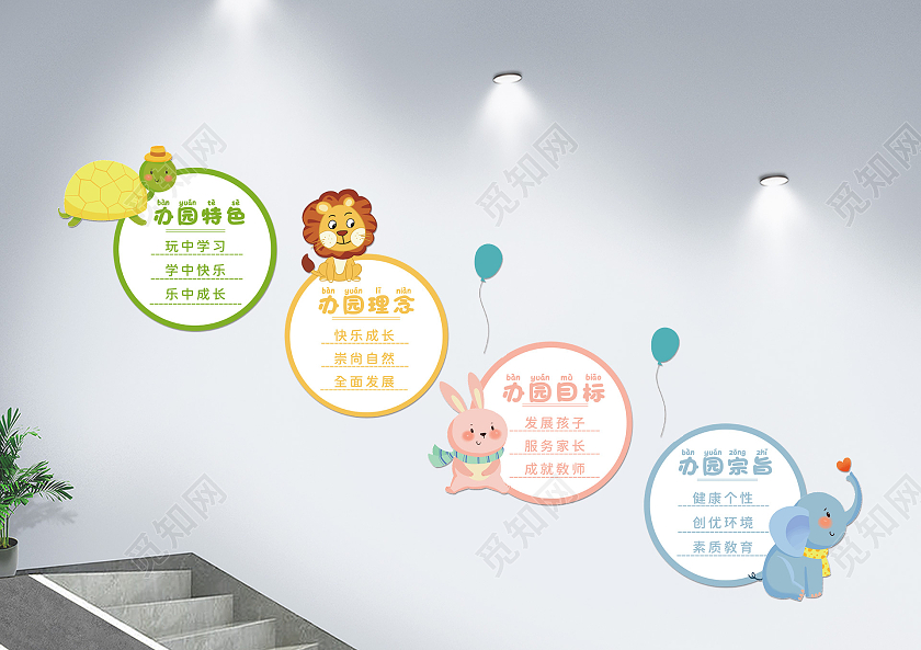 彩色卡通办园理念办园特色幼儿园简介文化墙