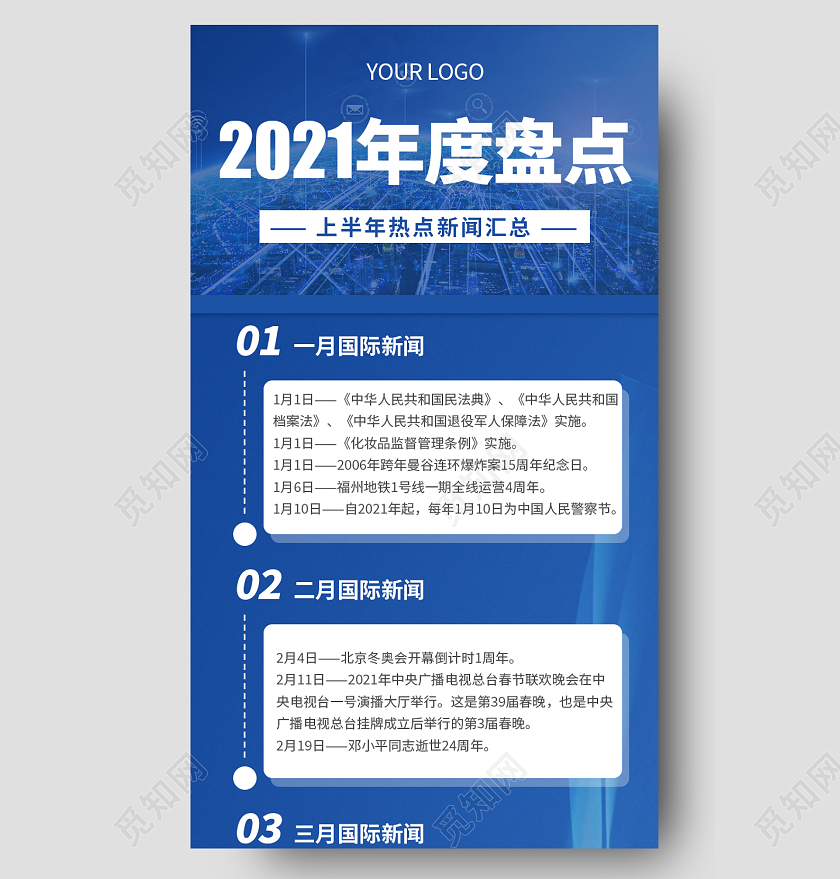 蓝色简约大气摄影风2021年度盘点2021大事件长图