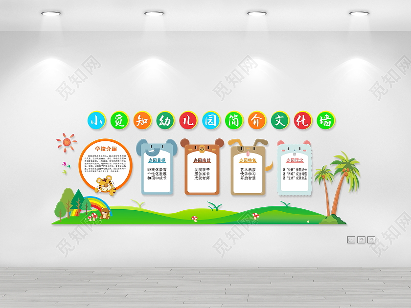卡通绿色大气小精灵幼儿园简介文化墙